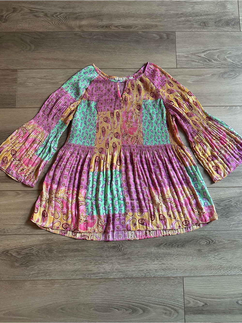 Sunny Leigh multi-colored patchwork blouse with paisley and floral motifs